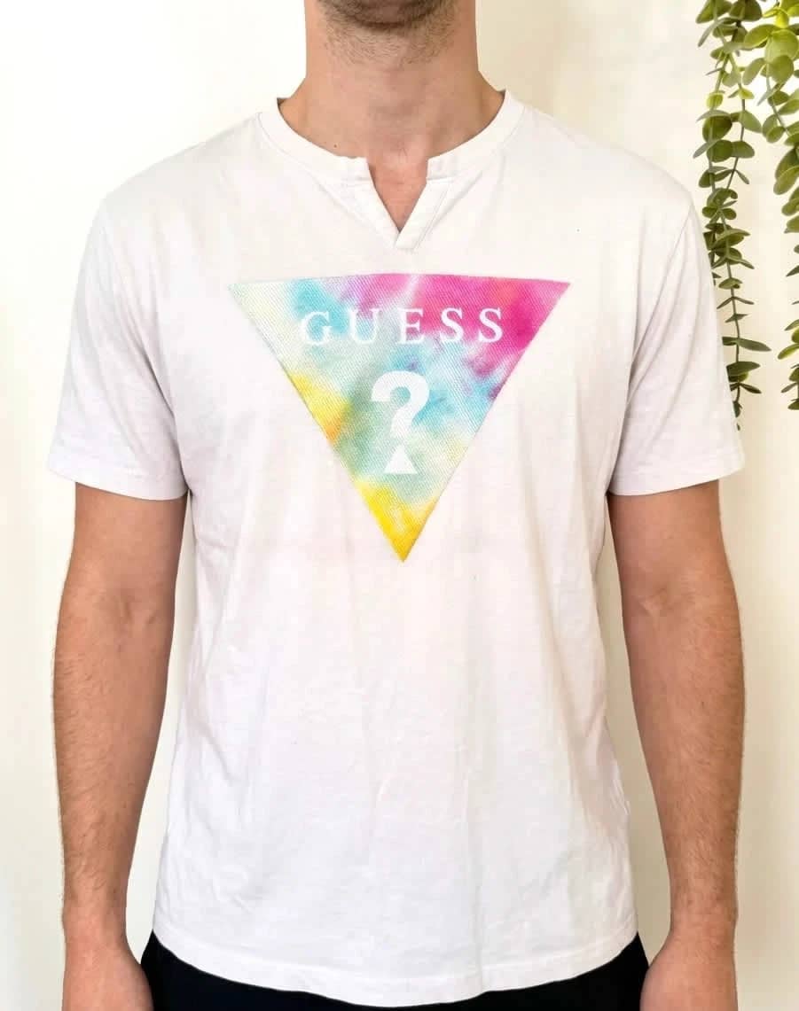 T-shirt coton Guess logo triangle multicolore rose clair col tunisien taille M - FP2512229