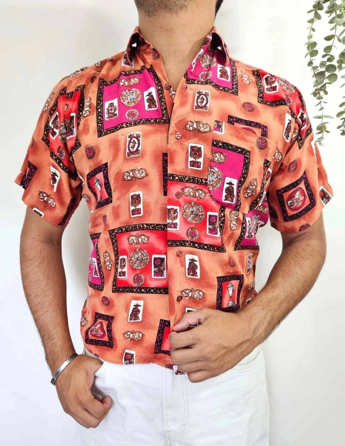 Chemise fluide manches courtes Armand Thiery Per L’Uomo vintage orange motifs baroques taille S