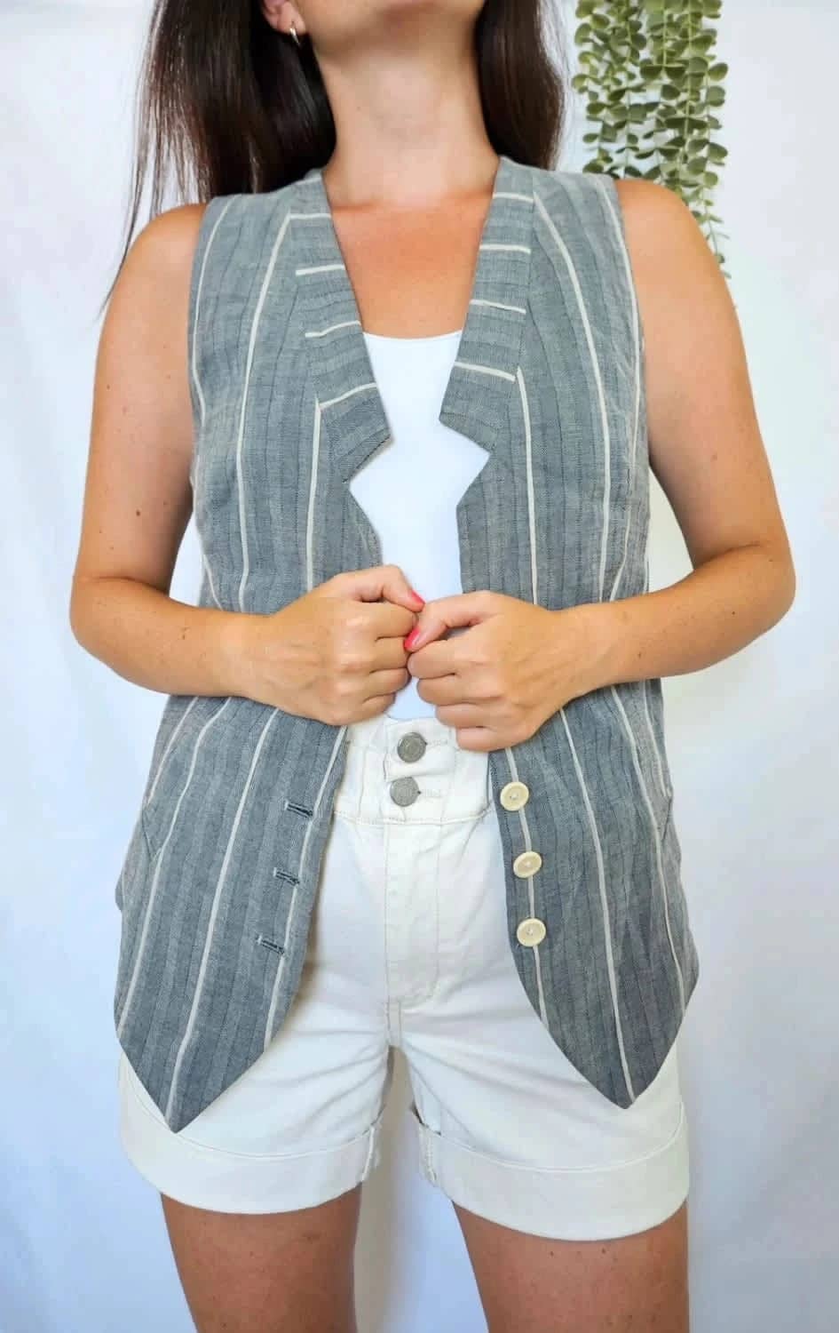 Veste sans manches rayée grise en ramie et lin HIGH taille 40