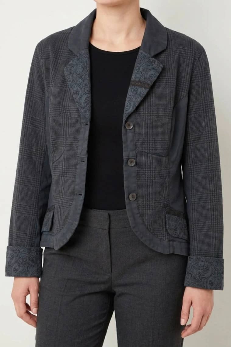 Veste blazer noir La Fée Maraboutée motif prince-de-galles et jacquard taille 42