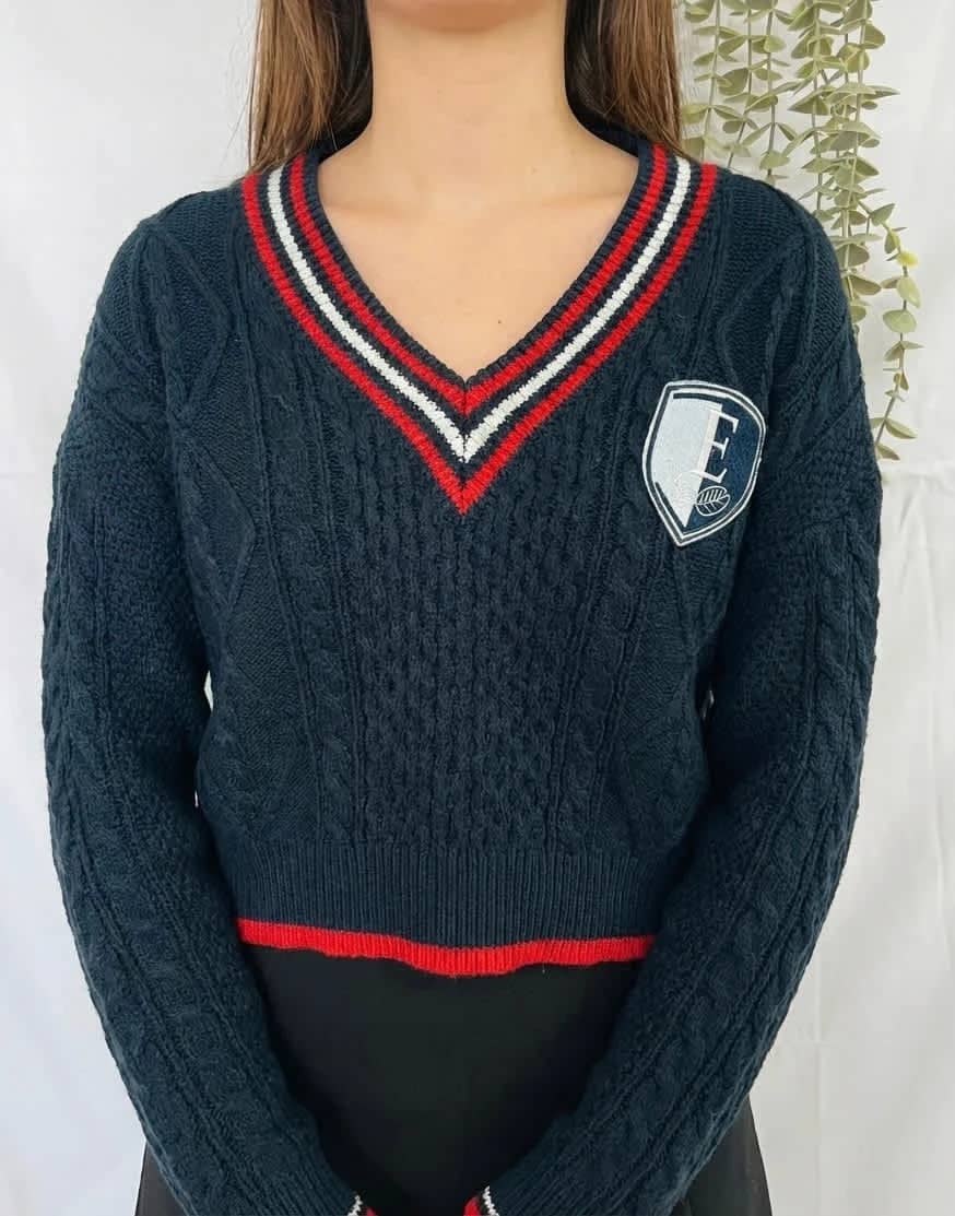 Pull court torsadé bleu marine en maille logo brodé Élite taille S