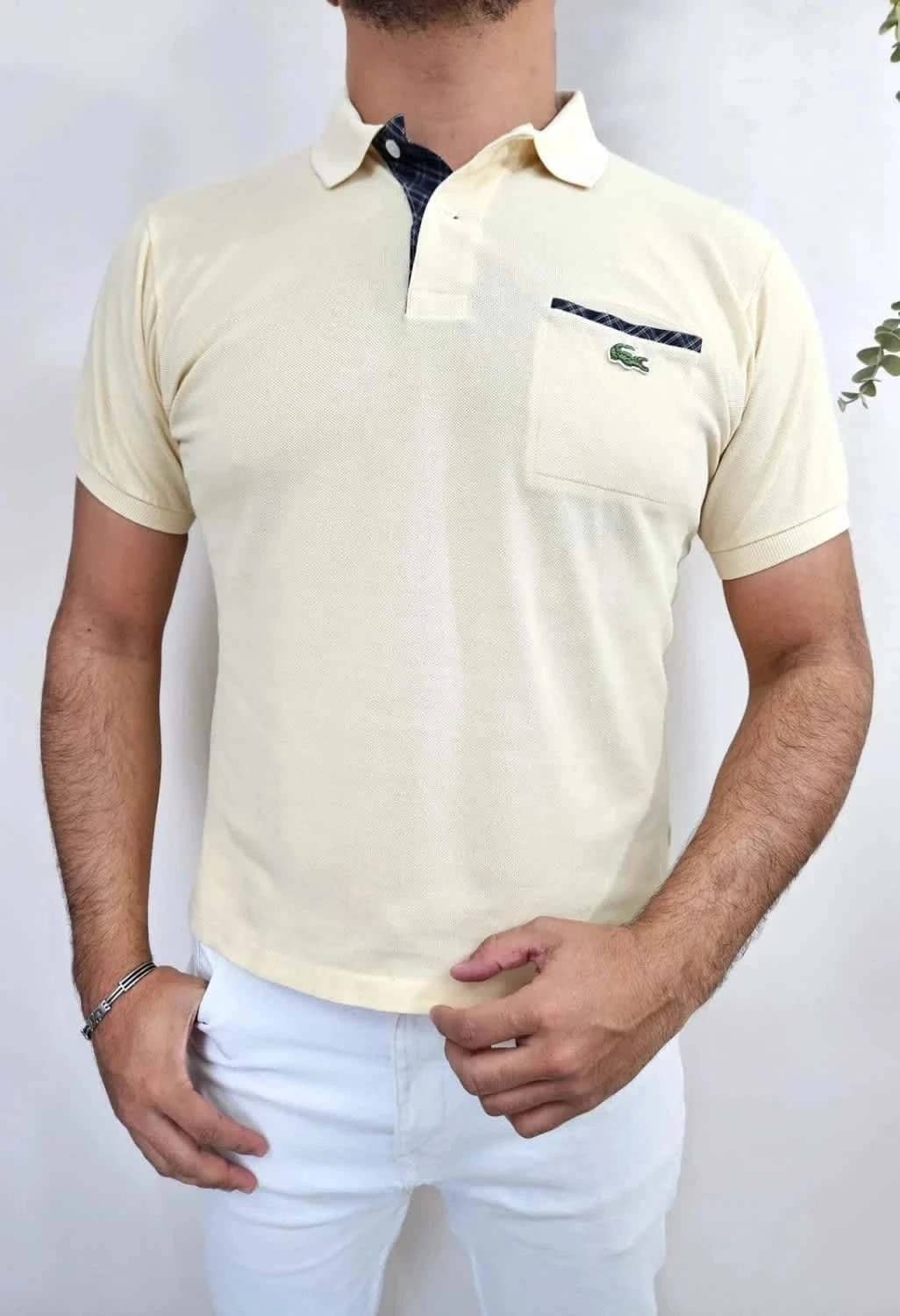 Polo Lacoste vintage Devanlay jaune clair avec motifs taille M