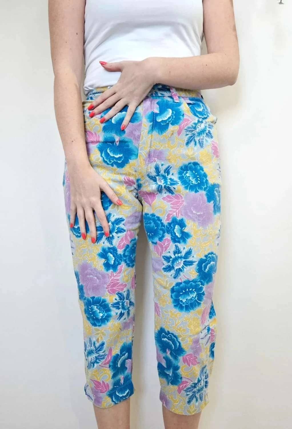 Pantalon court vintage jaune fleuri Frank Patrick taille 40