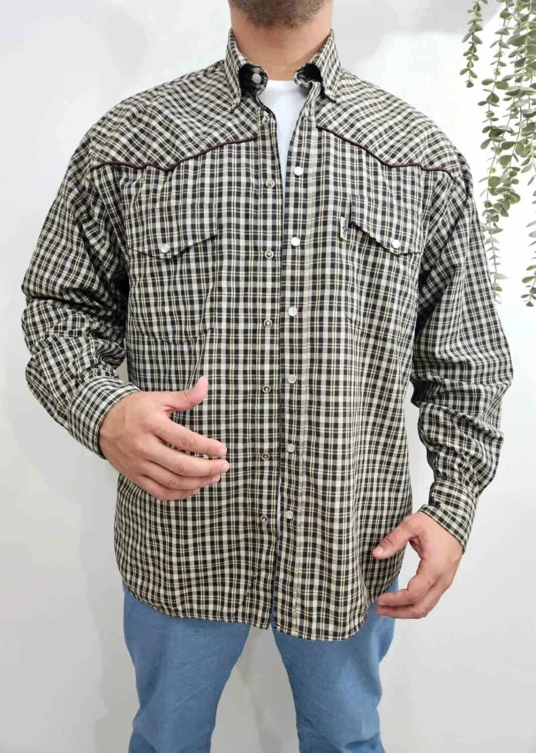 Chemise western à carreaux beige et noire boutons pressions nacrés Stars & Stripes taille XXL