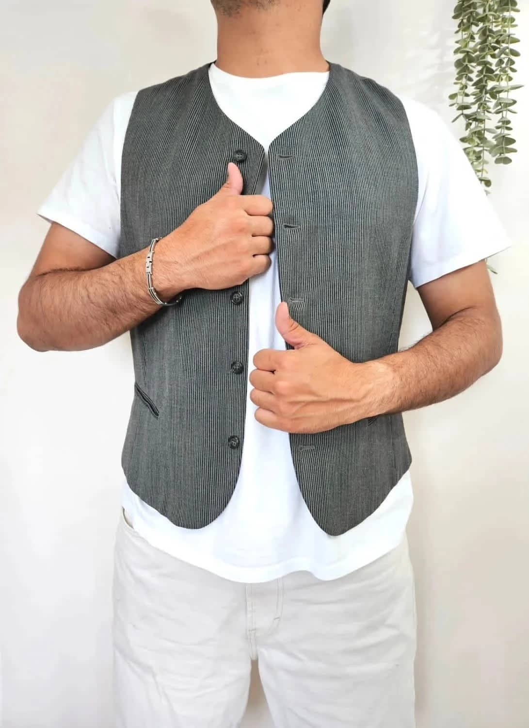 Gilet de costume sans manches rayé gris Olly Gan taille 54