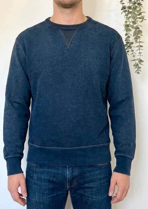 Sweat Buck Mason bleu délavé vintage effet denim indigo crewneck coton taille M