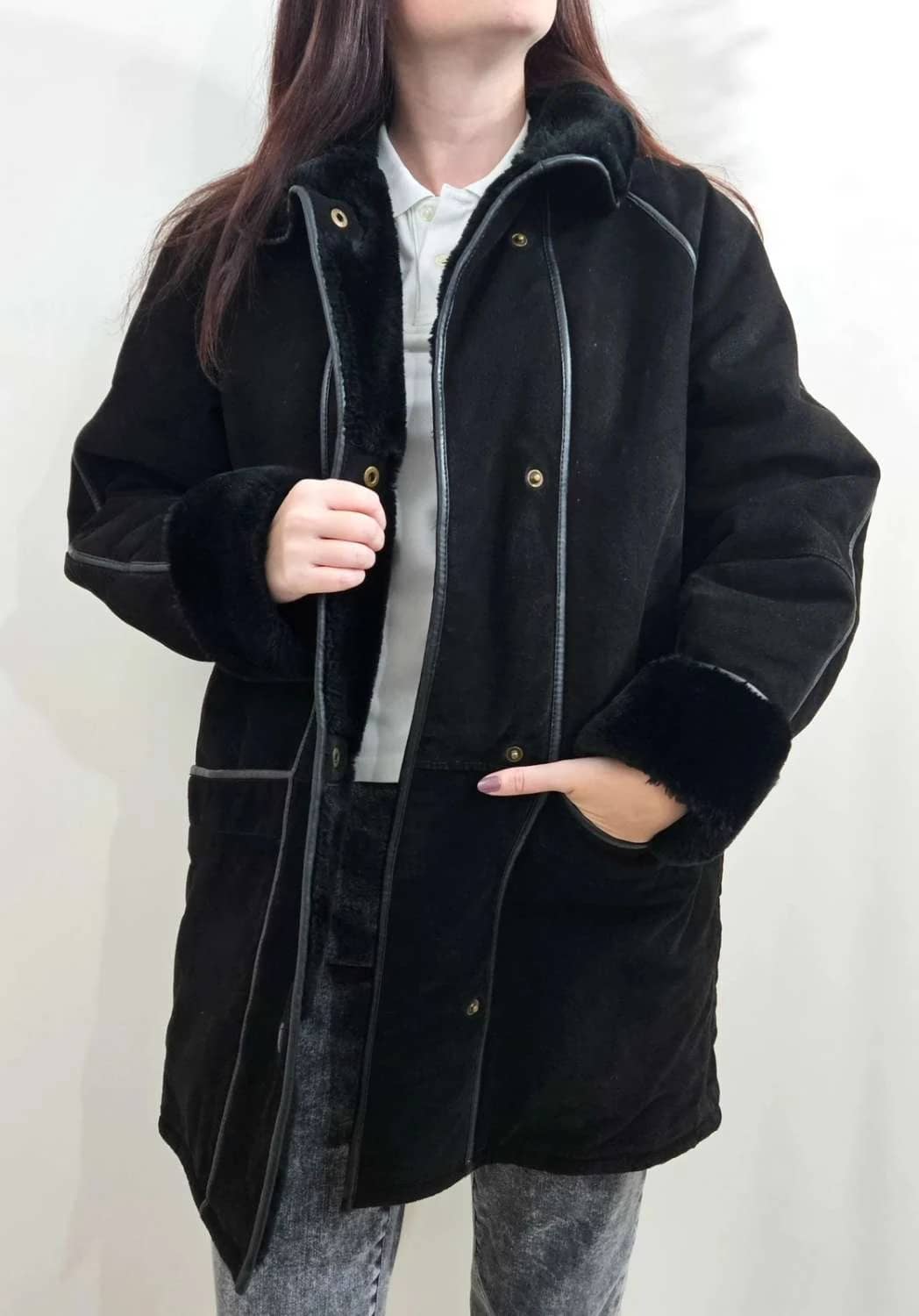 Manteau long cuir shearling noir doublé fausse fourrure taille 38 - SC2512235