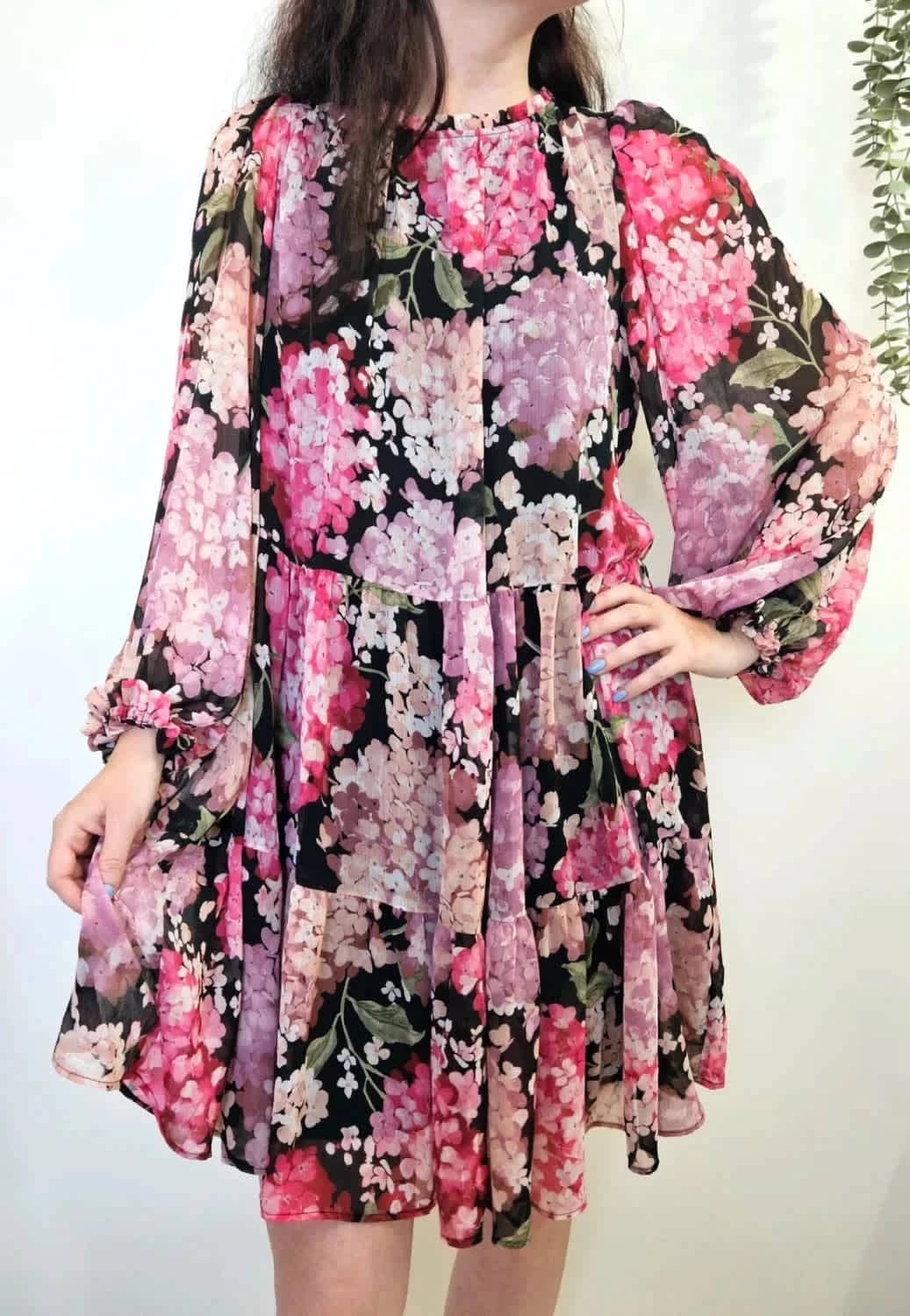 Robe H&M fluide à manches longues imprimé fleurs roses doublée taille S
