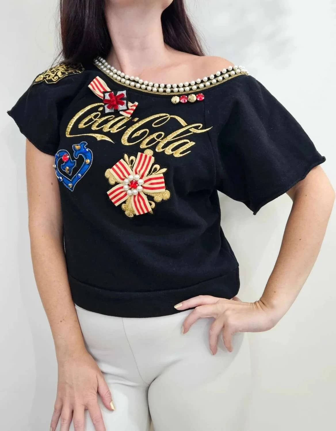 Pinko x Coca-Cola Sweat manches courtes noir taille XS perles et broderies luxe édition limitée