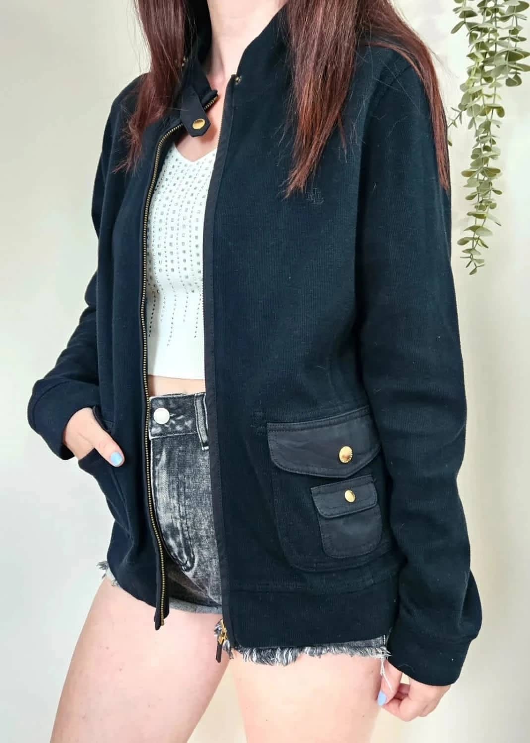 Veste zippée Ralph Lauren noire 100% coton logo brodé boutons dorés finition haut de gamme taille L