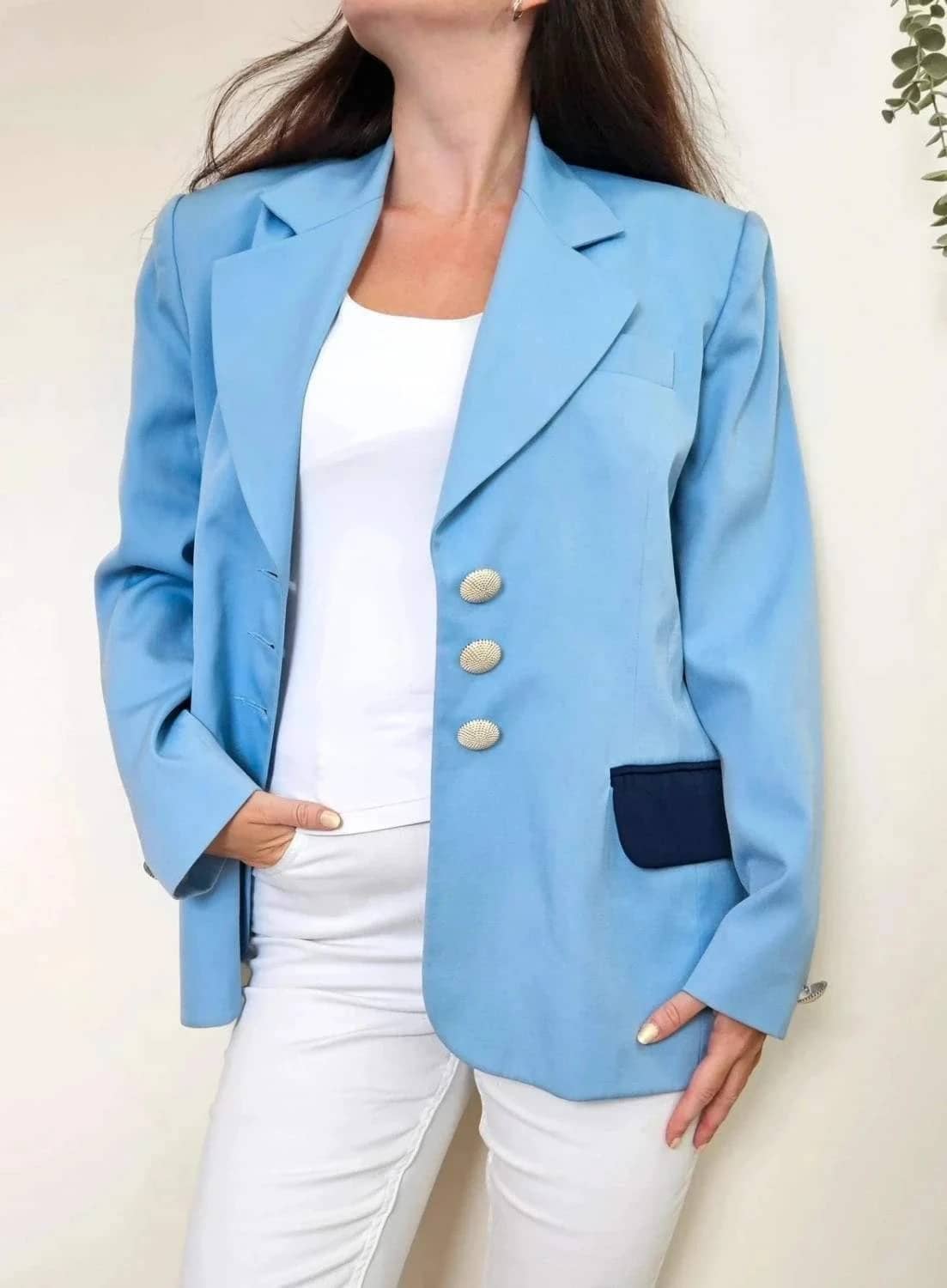 Blazer vintage Pierre Balmain Uniformes Paris bleu pastel taille 42 – Made in France