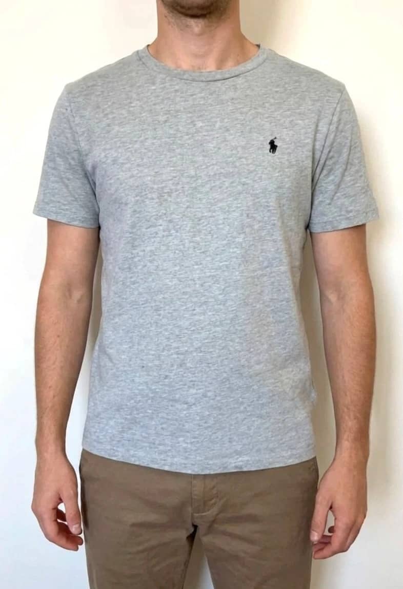 T-shirt gris Polo Ralph Lauren logo brodé bleu marine taille L