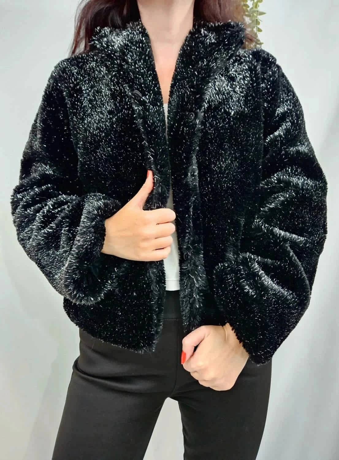 Veste fausse fourrure noire à paillette