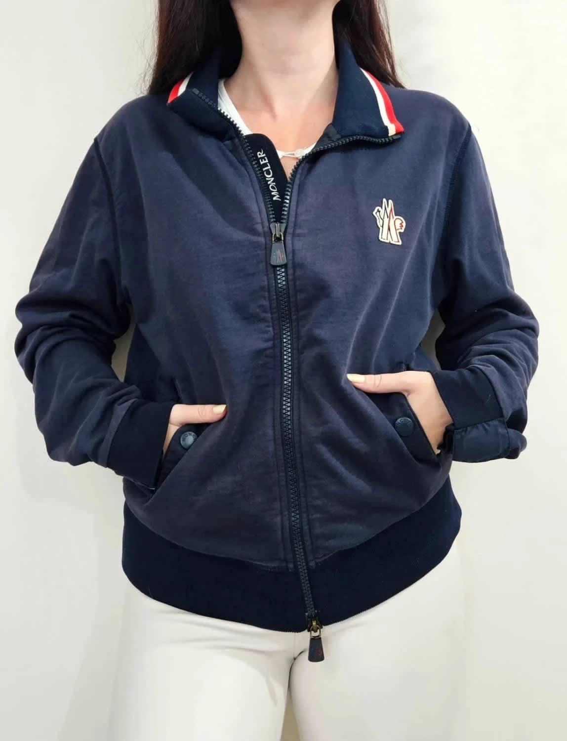 Sweat zippé Moncler coton bleu marine tricolore logo taille L