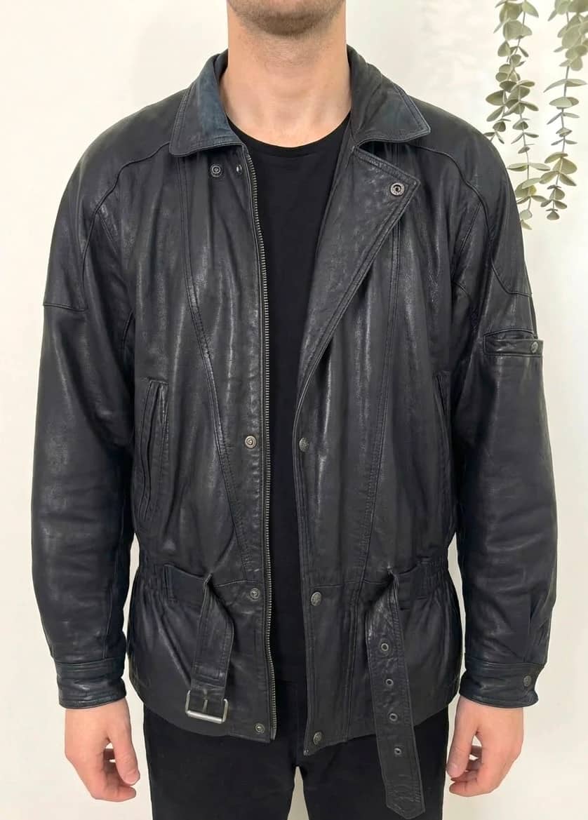 Veste cuir vintage noire ceinturée laine cachemire taille 50