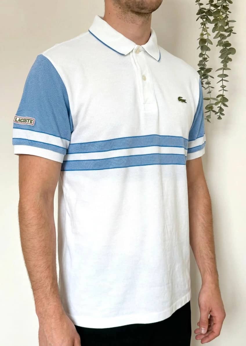 Polo piqué vintage Chemise Lacoste blanc bleu rayé taille 4/M - FP260266