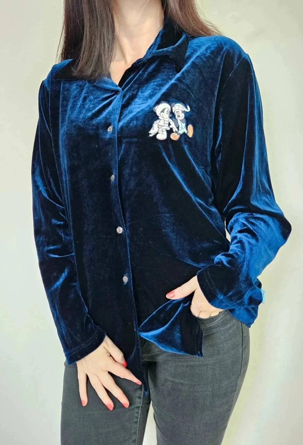 Haut velours bleu chemise Disney vintage brodé taille S