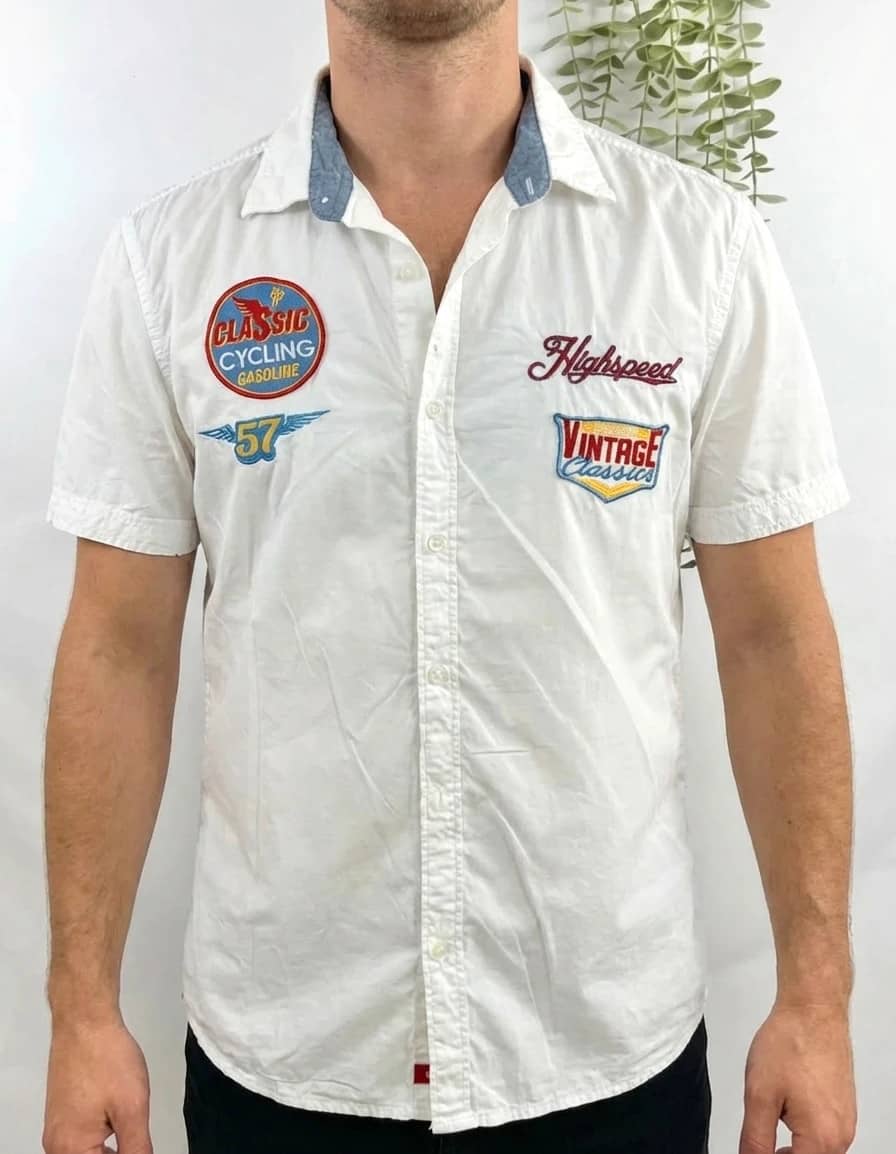 Chemise blanche manches courtes vintage brodé taille M