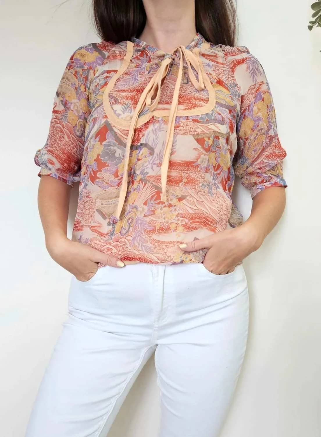 Blouse Maje fluide imprimé fleuri multicolore voile léger col lavallière taille 1/S