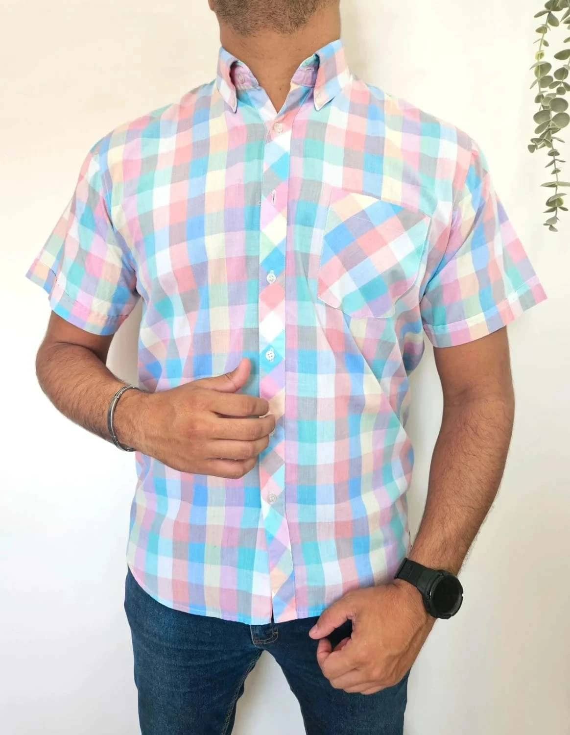 Chemise manches courtes Feliciano à carreaux multicolores pastel vintage taille 42