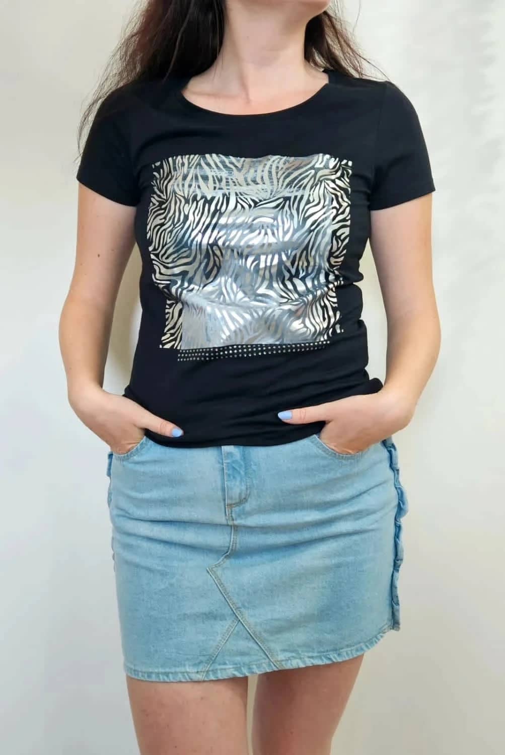 T-shirt noir Morgan imprimé zèbre argenté taille S