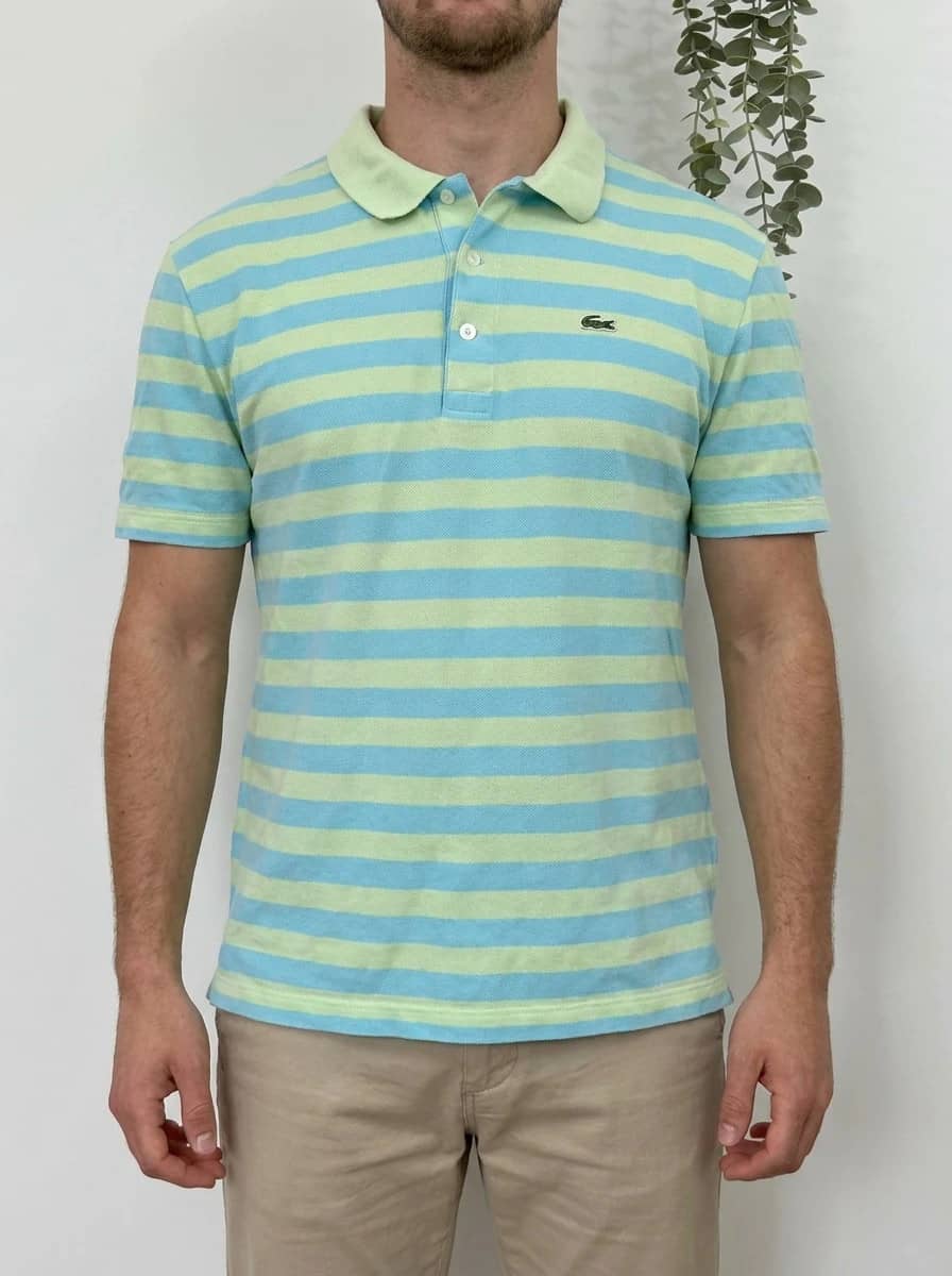 Polo piqué Lacoste rayé bleu jaune pastel taille 7/XL - PP2603259