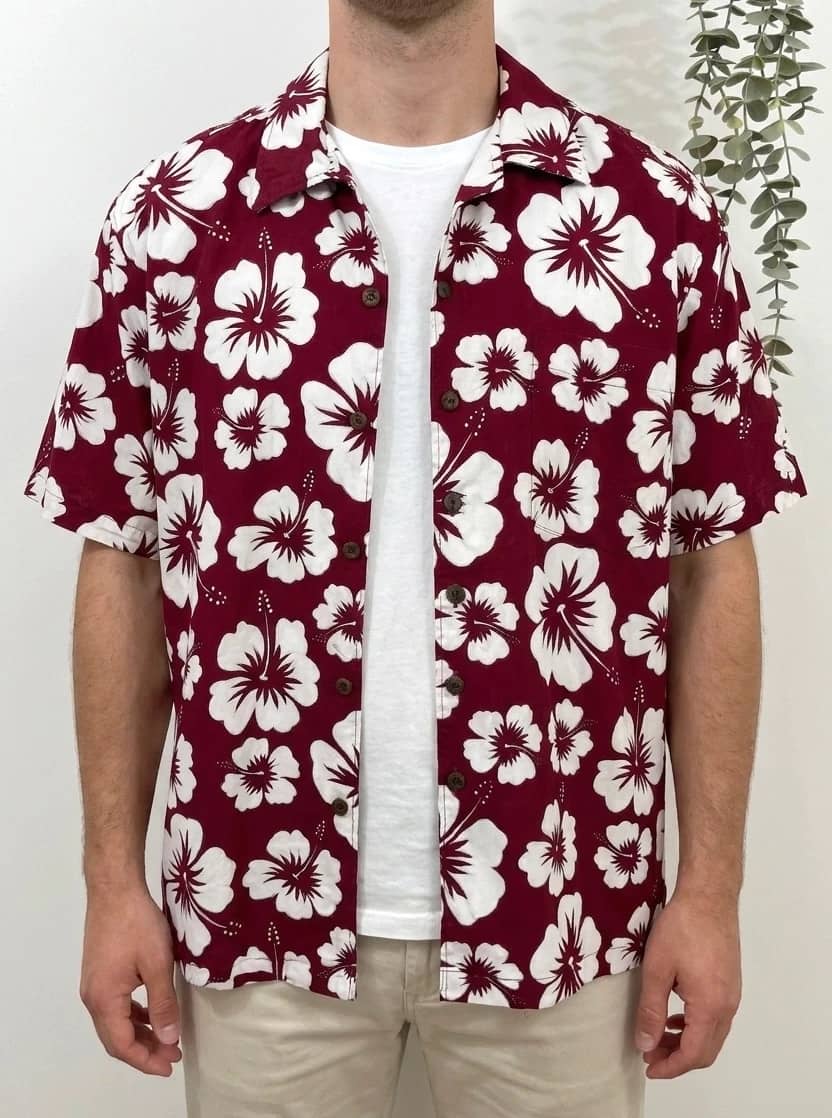 Chemise hawaïenne vintage UNO manches courtes bordeaux fleurs hibiscus taille XL - DN26081