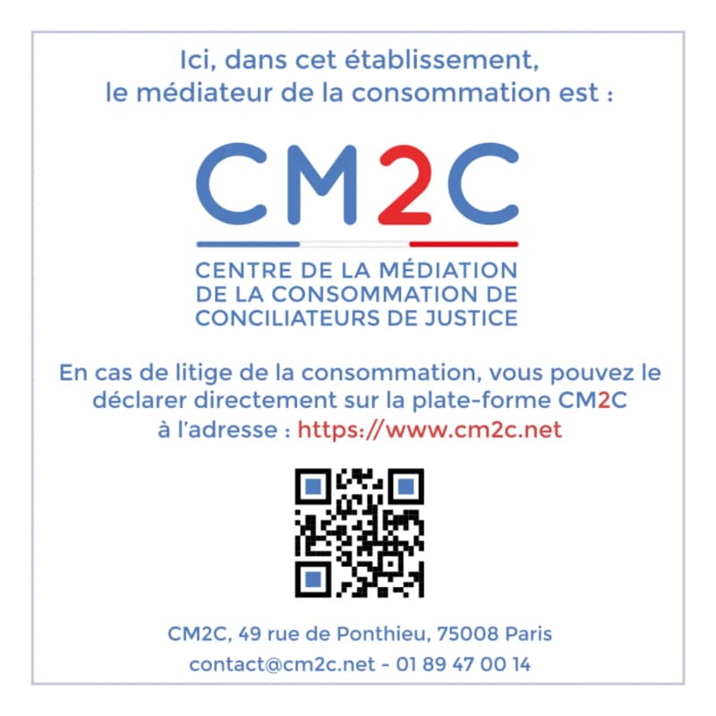Vitrophanie officielle CM2C - médiateur de la consommation référencé par la CECMC pour GetEverwear (association Loi 1901 N° W751237320). QR code de saisine en ligne sur cm2c.net.