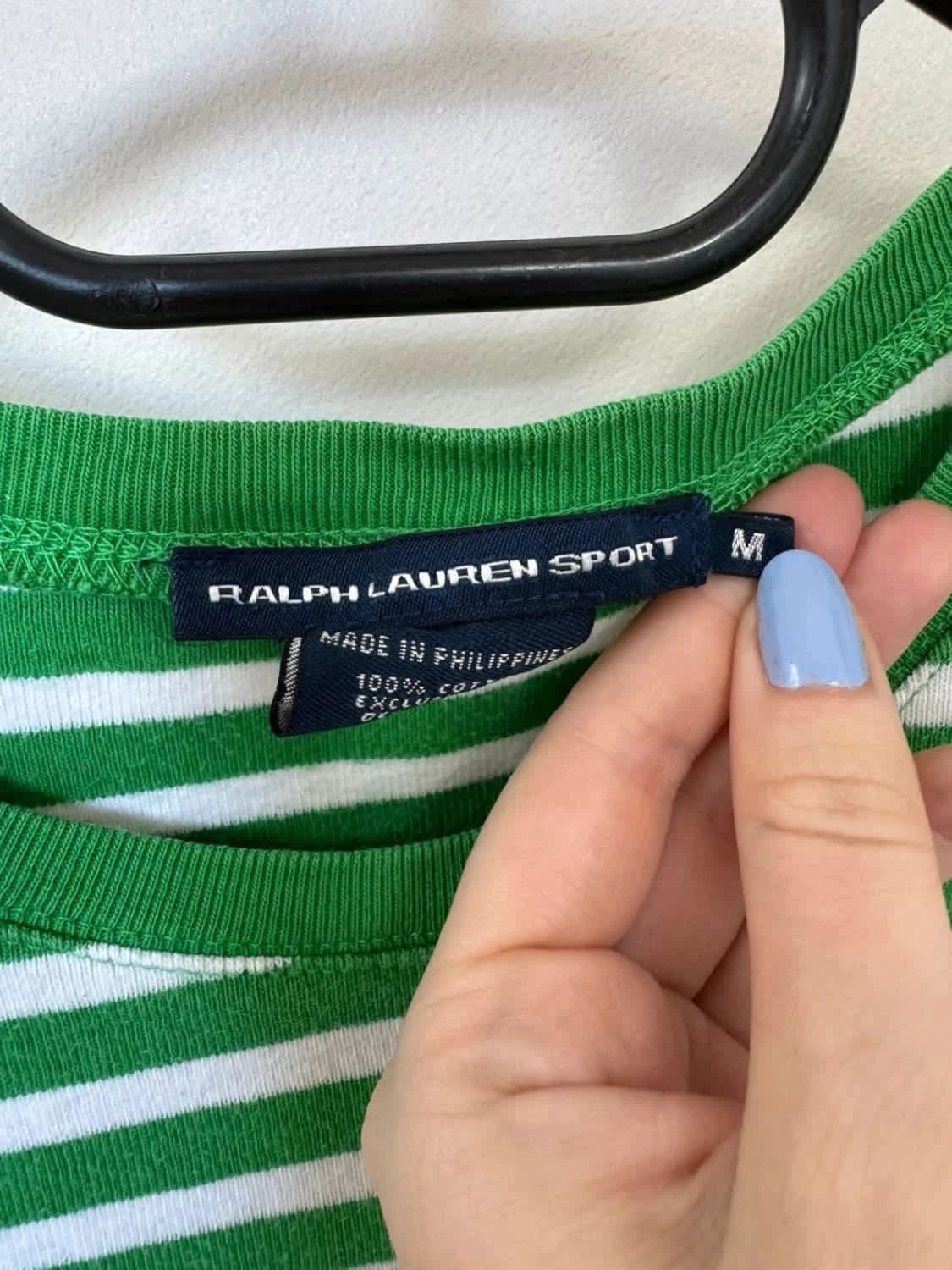 Ralph Lauren हरी और सफेद धारीदार टी-शर्ट, स्ट्रेची, बैंगनी कढ़ाई वाला लोगो, साइज़ M - फ़ोटो 3/7