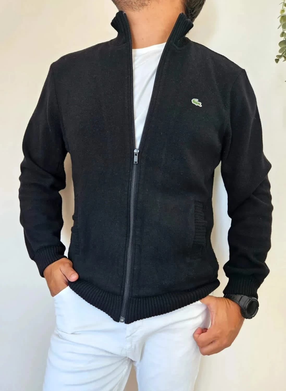 Lacoste ऊन का काला फ़ुल ज़िप वाला जैकेट / बनियान, साइज़ 4/L - फ़ोटो 1/6
