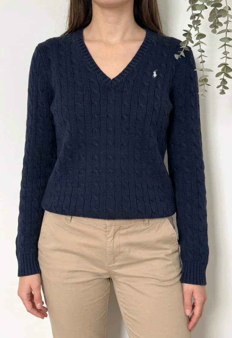 Pull col V torsadé Ralph Lauren Sport bleu marine taille XL - Photo 1/9