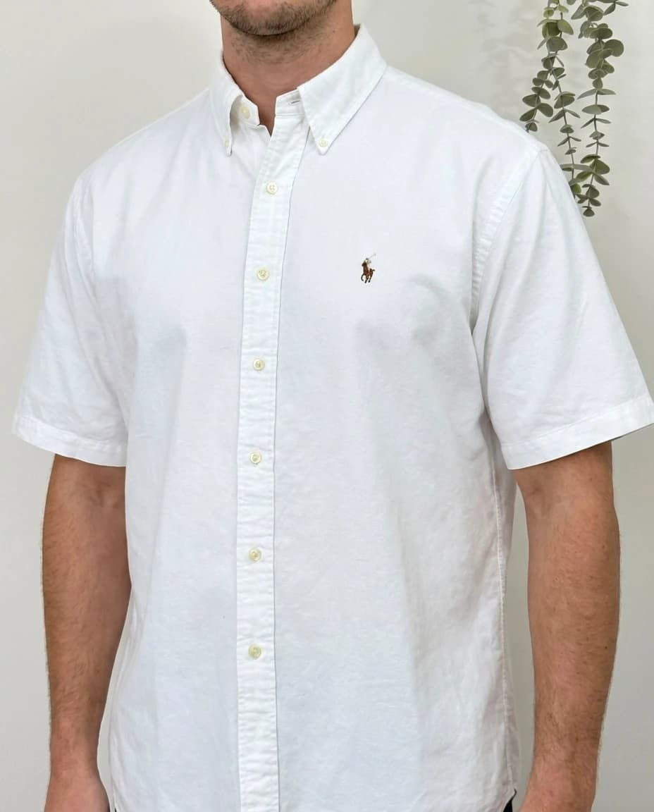 Balti Polo Ralph Lauren oxford trumpomis rankovėmis marškiniai su spalvotu logotipu, dydis XL - FP260189 – nuotrauka 1/8