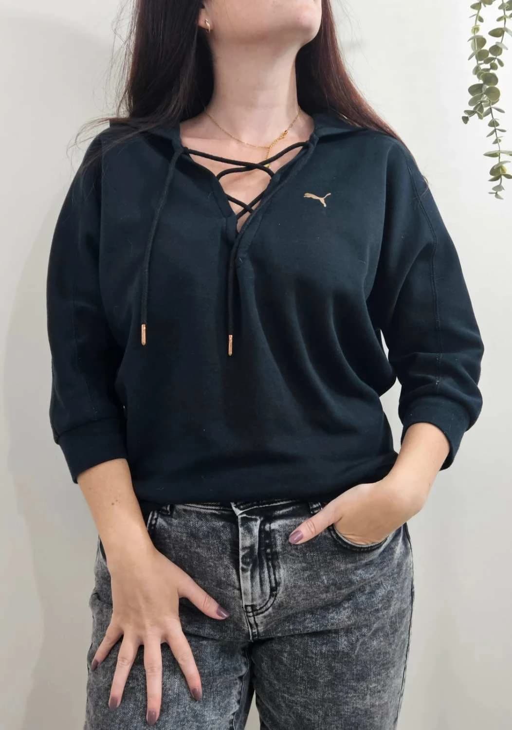 Mikina Puma čierna so šnúrkou pri golieri, bavlnená s kapucňou, logo rose gold, veľkosť M - FP251279 – fotka 1/5