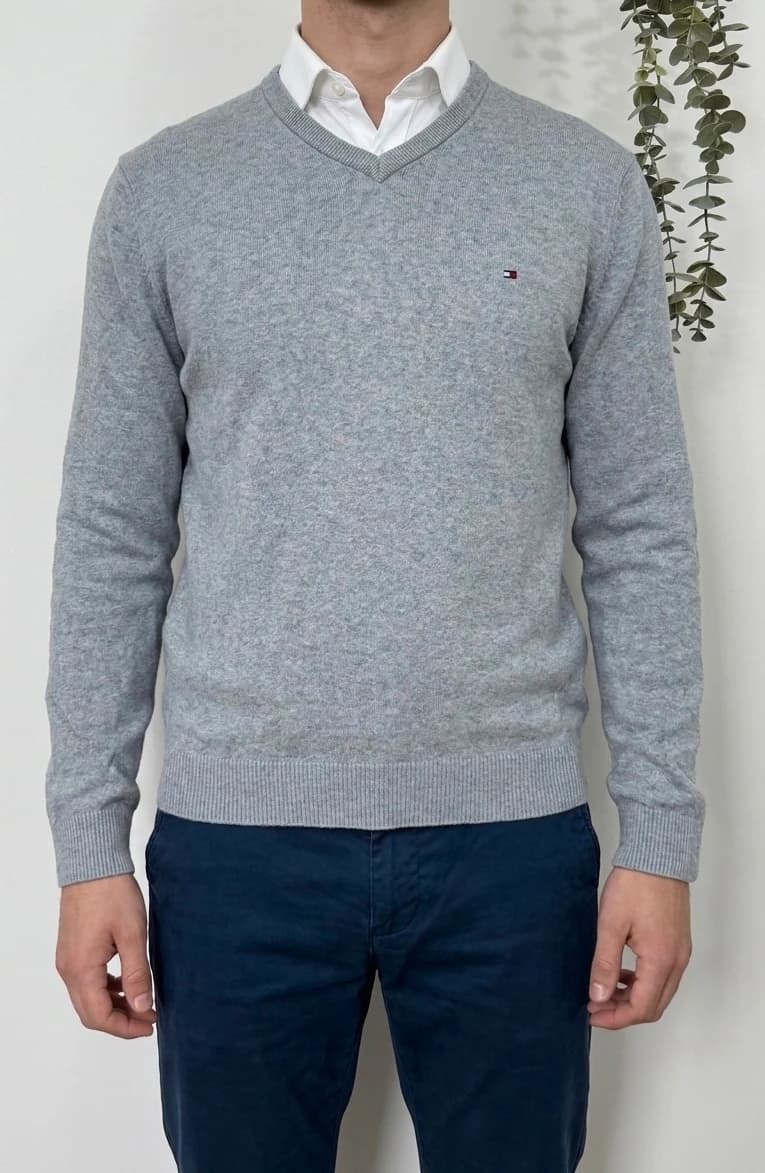 Pull Tommy Hilfiger col V gris chiné pima cotton cachemire taille L - Photo 1/7