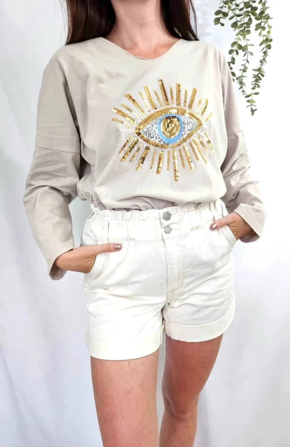 Tee-shirt manches longues crème oeil en sequins - Photo 2/8