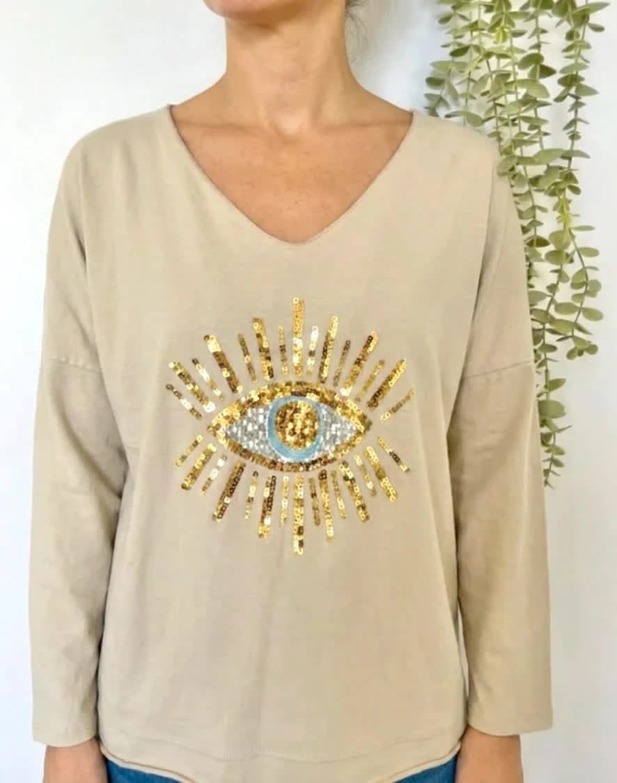 Tee-shirt manches longues crème oeil en sequins - Photo 1/8
