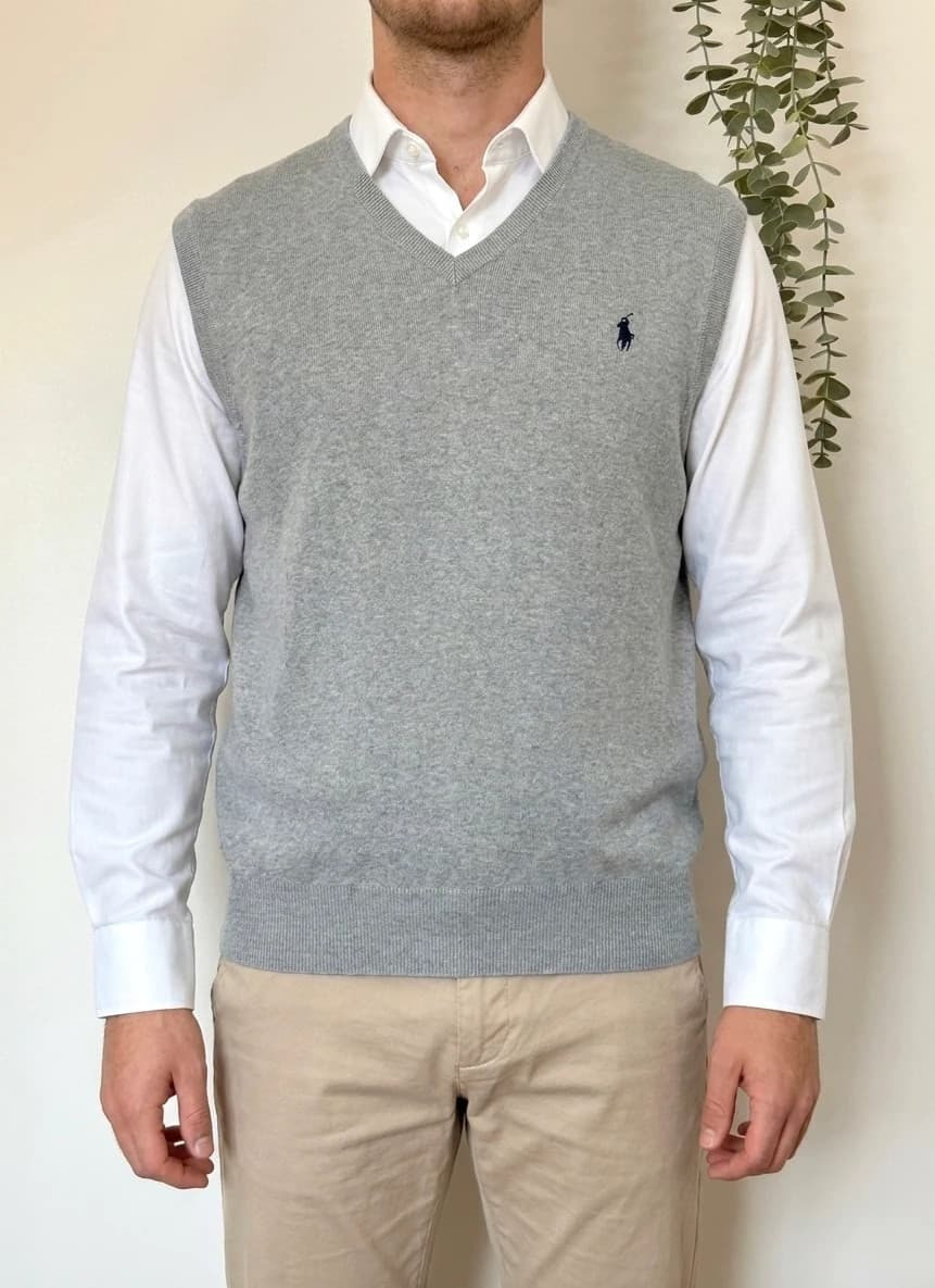 Pull sans manches Polo Ralph Lauren gris chiné logo bleu marine taille M - PP2603272 - Photo 1/7