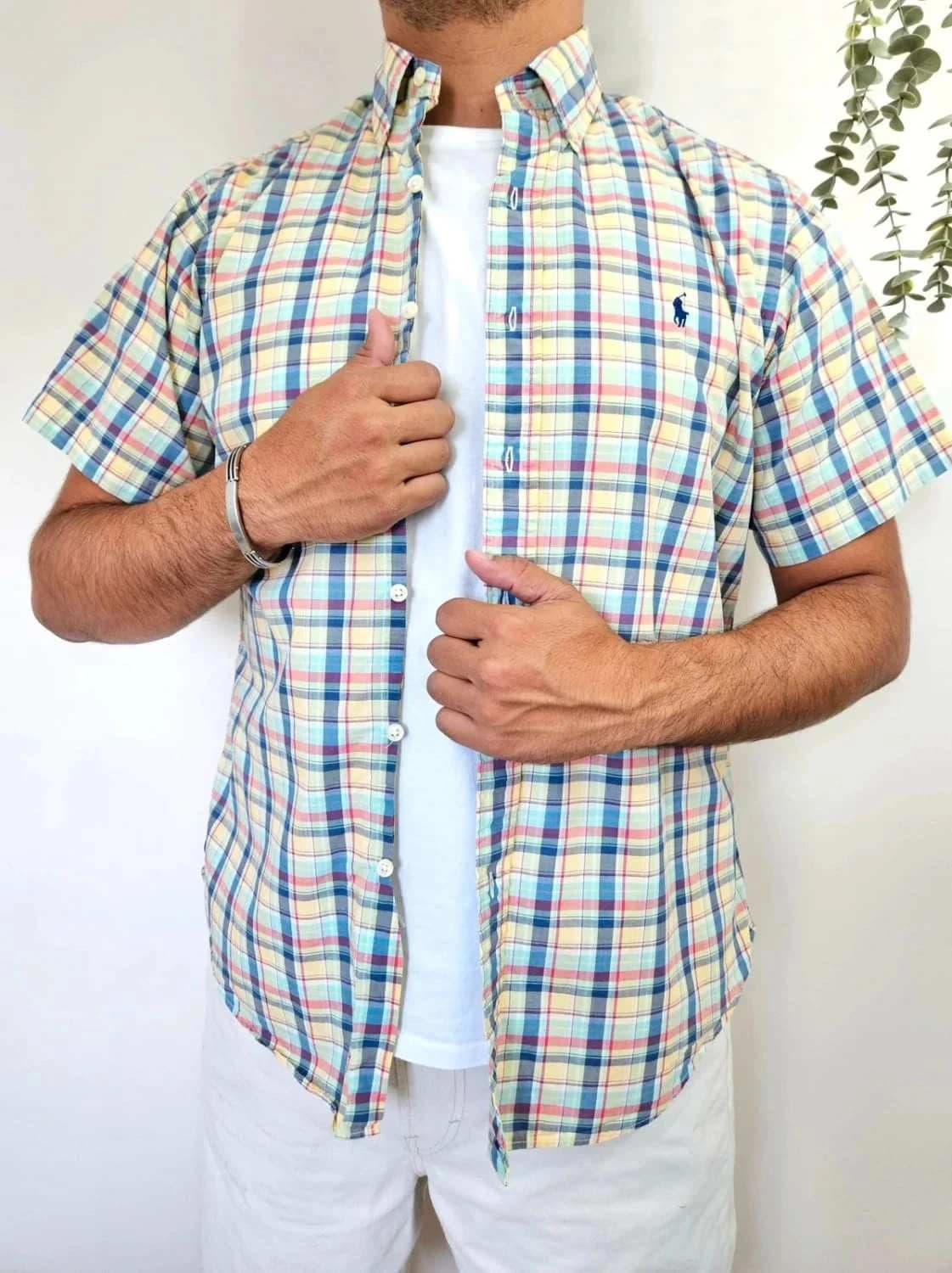 Chemise Ralph Lauren manches courtes à carreaux multicolores Custom Fit logo brodé bleu taille L - Photo 1/6