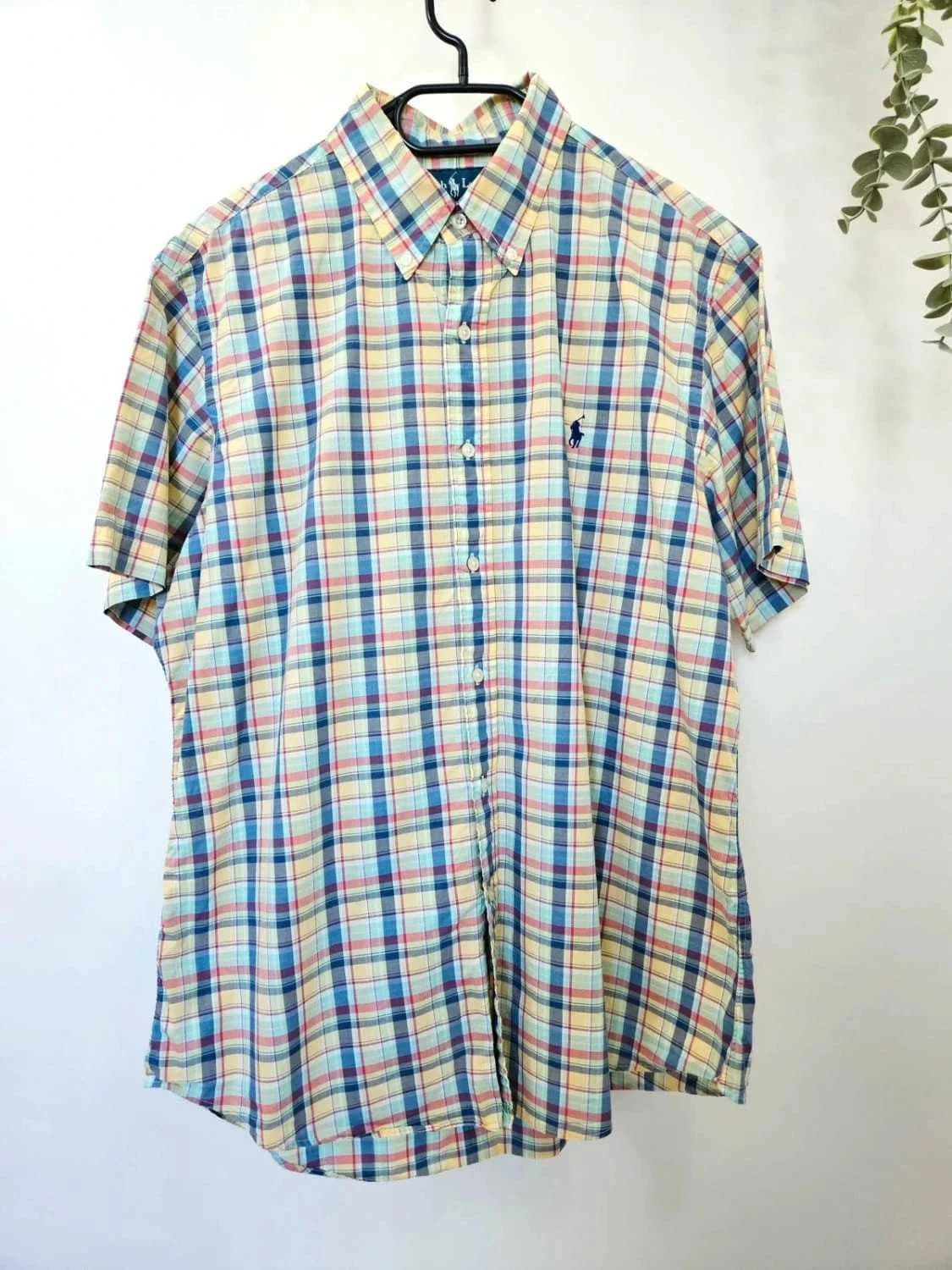 Chemise Ralph Lauren manches courtes à carreaux multicolores Custom Fit logo brodé bleu taille L - Photo 2/6