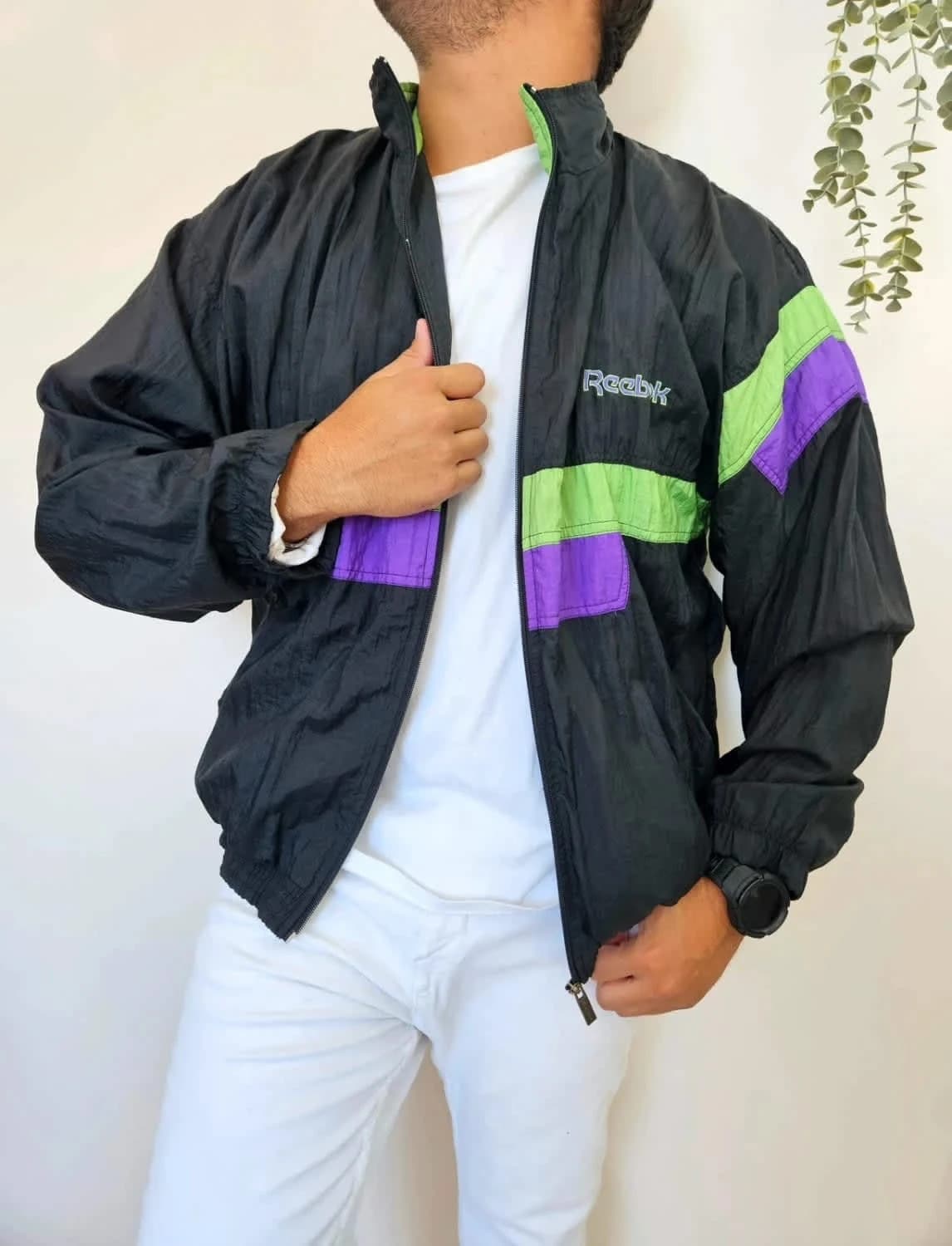 Veste coupe vent Track Jacket Reebok vintage noir vert violet années 90 unisexe Made in Malaysia - Photo 1/8