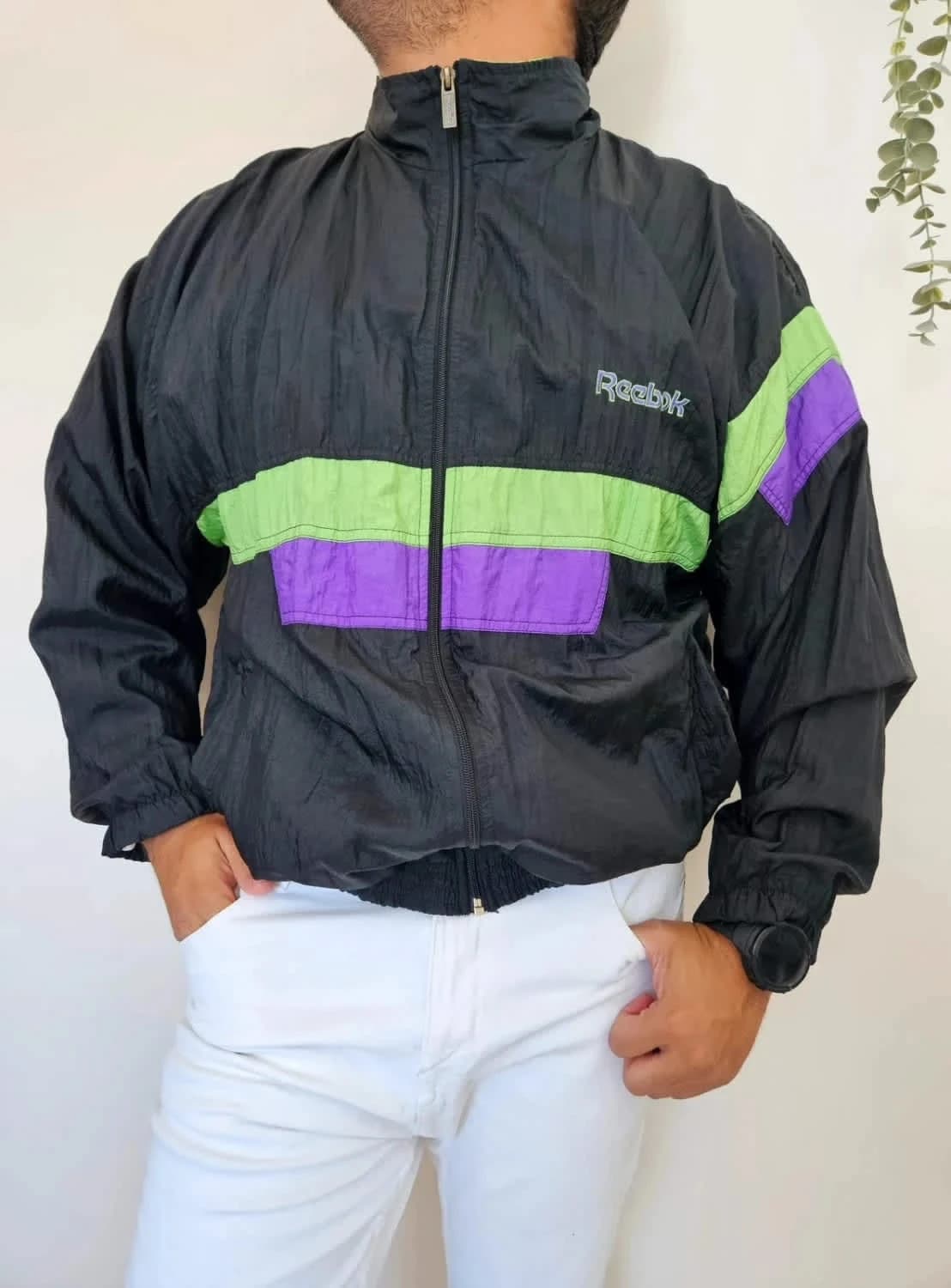 Veste coupe vent Track Jacket Reebok vintage noir vert violet années 90 unisexe Made in Malaysia - Photo 2/8