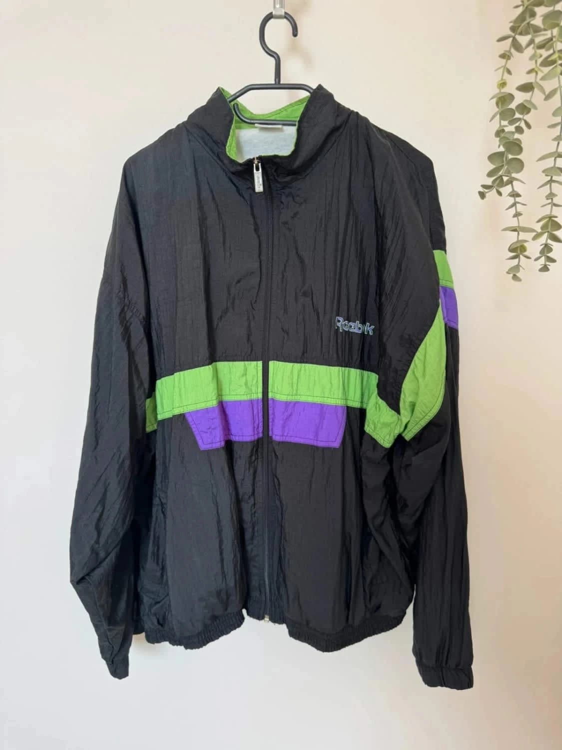 Veste coupe vent Track Jacket Reebok vintage noir vert violet années 90 unisexe Made in Malaysia - Photo 4/8