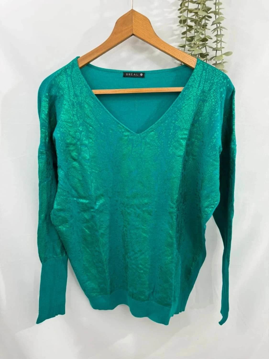Pull col V vert émeraude avec motifs brillants Breal taille S - Photo 2/6