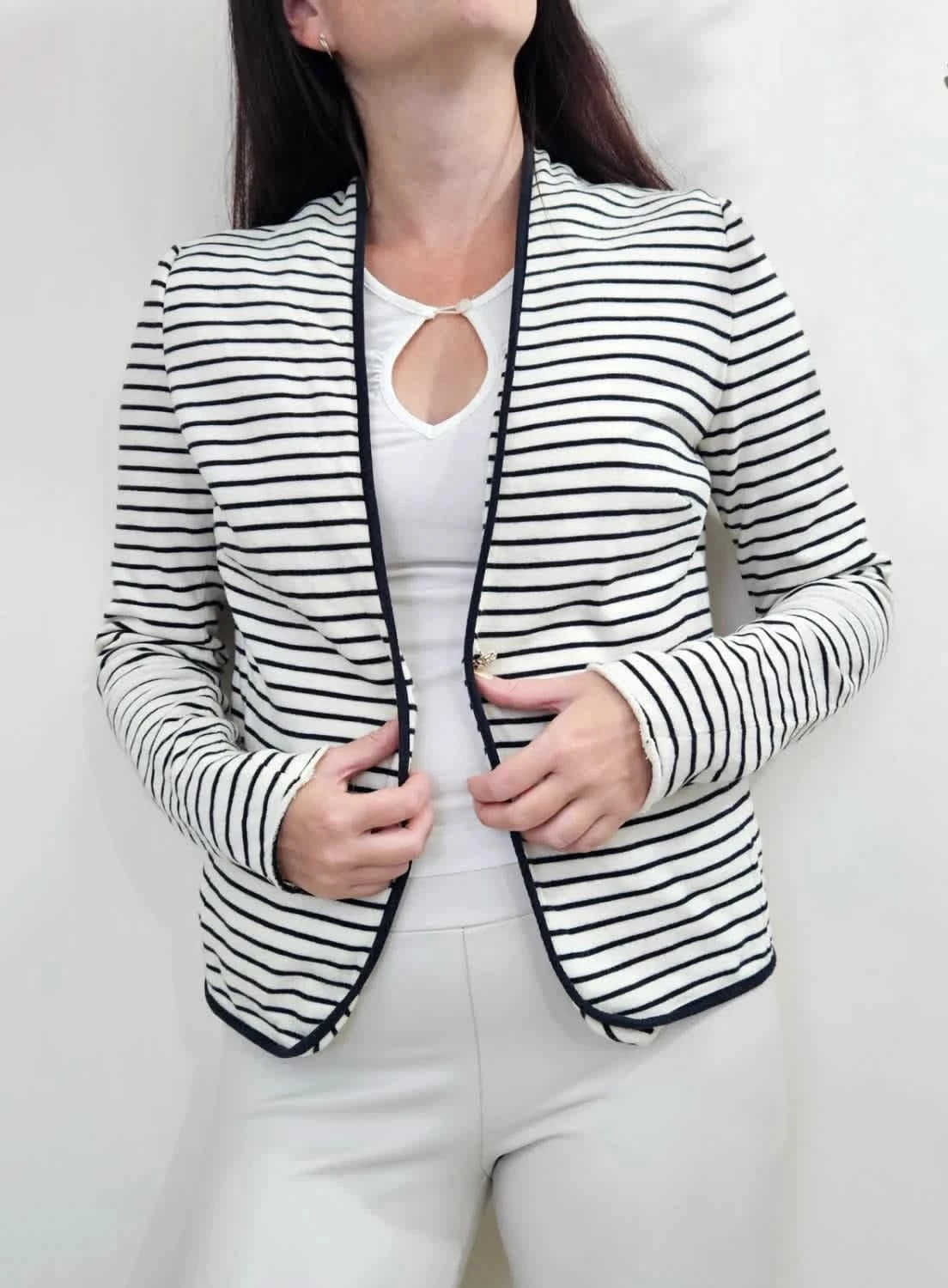 Veste blazer coton Liu Jo rayée marinière intérieur éponge marine blanc taille IT 44 FR 40/M - Photo 1/9