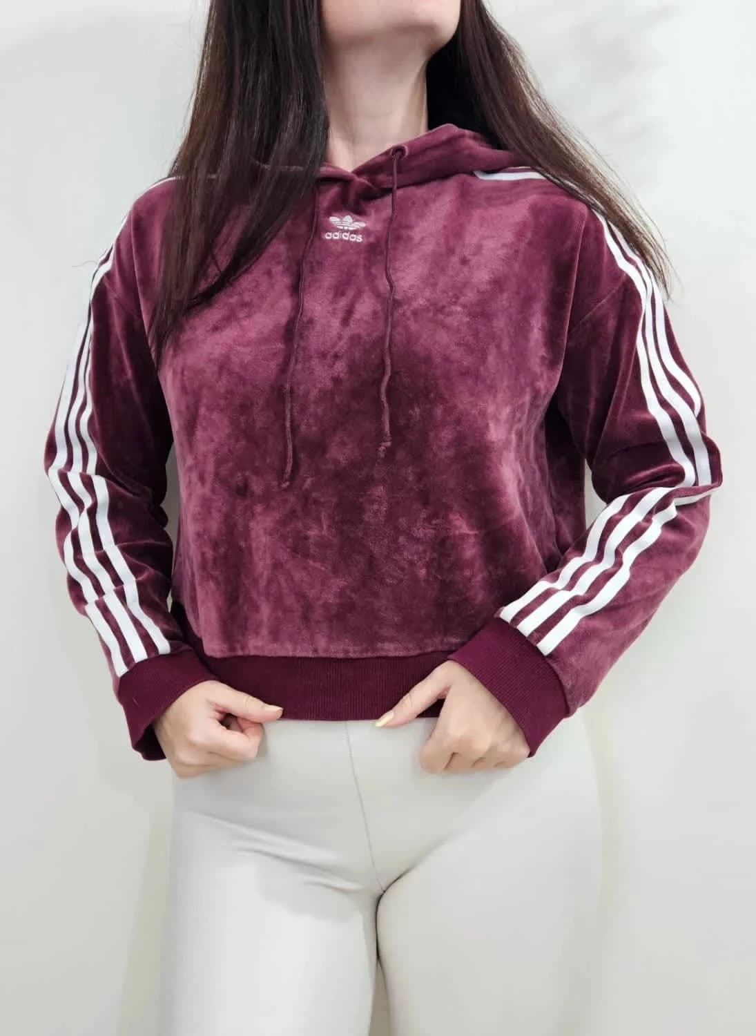 Adidas Originals hoodie sweat à capuche velours bordeaux coupe cropped 3 Stripes taille XS - Photo 1/7