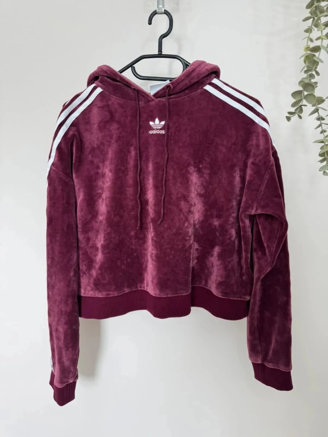 Adidas Originals hoodie sweat à capuche velours bordeaux coupe cropped 3 Stripes taille XS - Photo 2/7