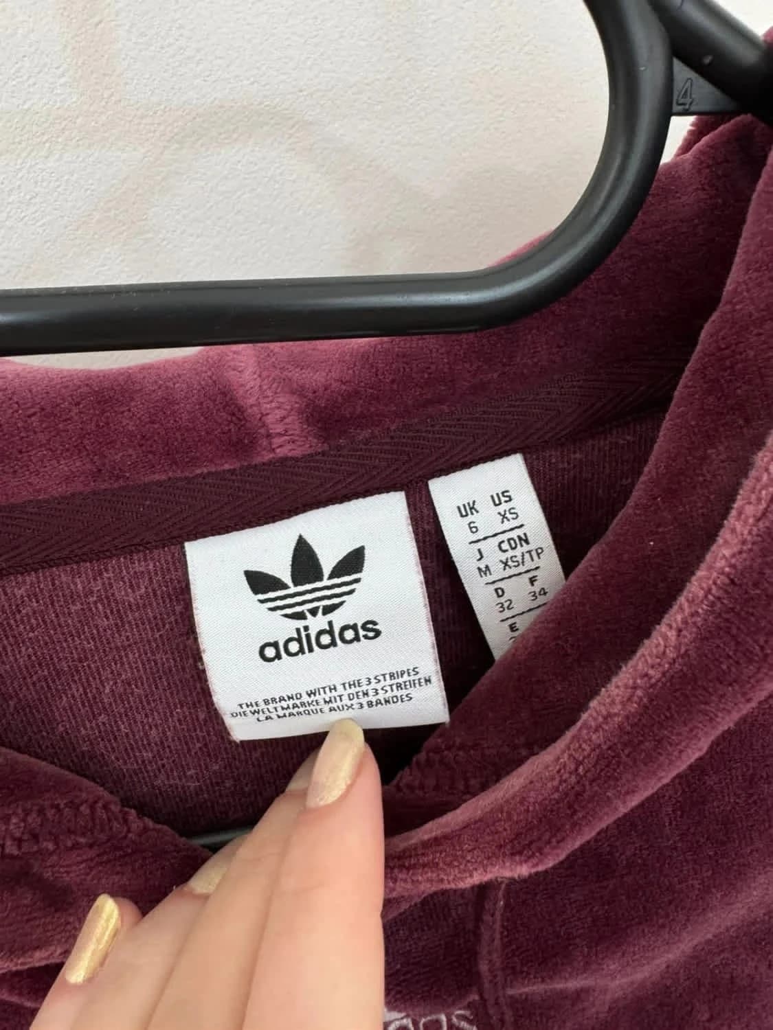 Adidas Originals hoodie sweat à capuche velours bordeaux coupe cropped 3 Stripes taille XS - Photo 4/7