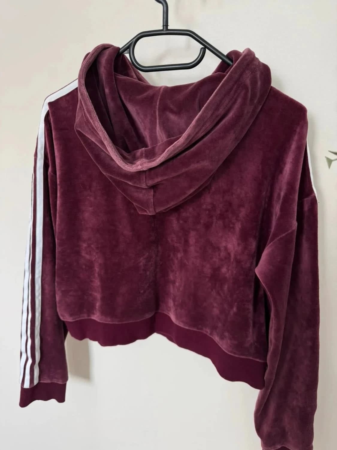 Adidas Originals hoodie sweat à capuche velours bordeaux coupe cropped 3 Stripes taille XS - Photo 7/7