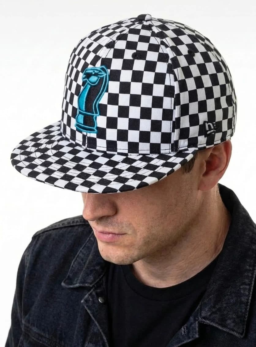 Casquette New Era 59FIFTY damier noir blanc logo échecs bleu - Photo 1/12