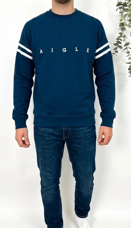 Sweat Crewneck Aigle bleu pétrole logo college manches bandes taille S - Photo 1/8